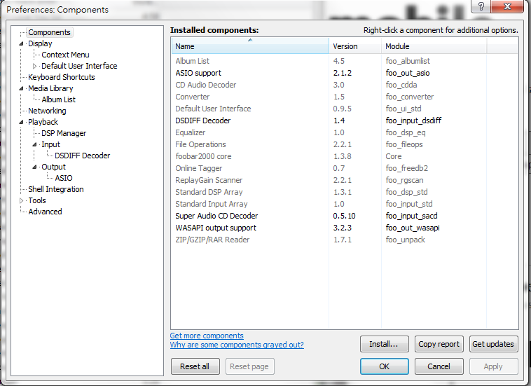 要播到 SACD ISO,請在 foobar2000 上安裝足夠 Plug-In