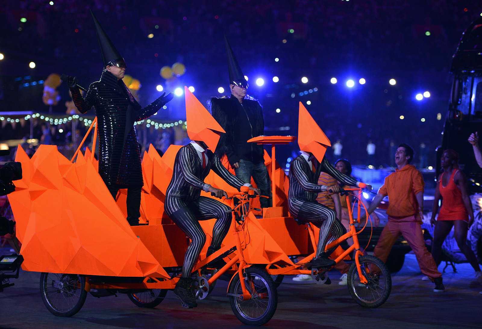 LONDON, ENGLAND - AUGUST 12: Neil Tennant and Chris Lowe and Pet Shop Boys during the Closing Ceremony on Day 16 of the London 2012 Olympic Games at Olympic Stadium on August 12, 2012 in London, England. (Photo by Jeff J Mitchell/Getty Images)